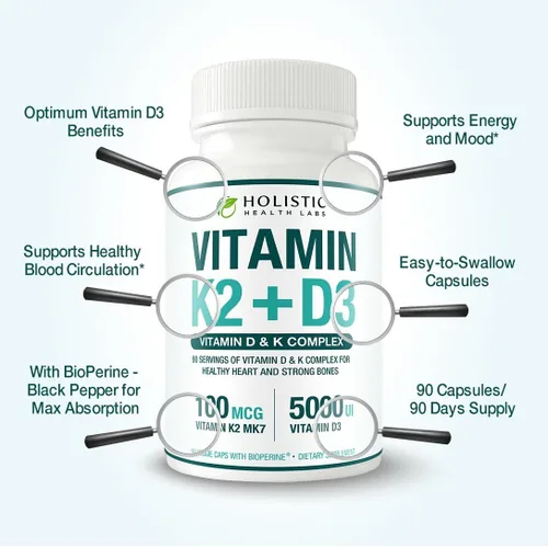 Vista 5 de Vitamina K2 + D3 de absorción máxima (5000UI), 90 cápsulas vegetales de MK-7 (Menaquinona-7) y colecalciferol (con BioPerina) Suministro de 3 meses