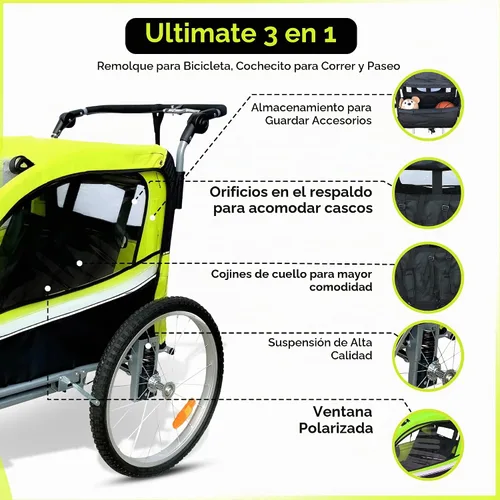 Vista 3 de Booyah Strollers Remolque de bicicleta de bebé doble 3 en 1 para niños, carriola, cochecito con suspensión, capacidad de 88 libras, diseño apto