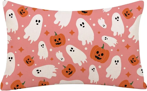 Vista 7 de GAGEC Fundas de almohada de Halloween de 12 x 20 pulgadas, funda de almohada de lino con calabazas fantasmas, fundas de almohada de lino