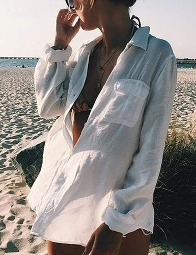 Vista 3 de Bsubseach Blusa de playa de manga larga para mujer, con cuello abotonado