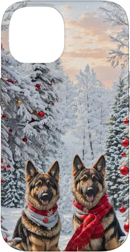 Vista 4 de iPhone 16 Lindo perro pastor alemán en paisaje nevado feliz Navidad caso