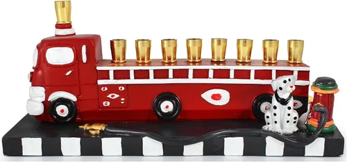 Vista 6 de Menorá coleccionable de camión de bomberos 3D con perro de fuego dálmata esculpido e hidrent Hanukkiah se adapta a velas estándar de Hanukkah