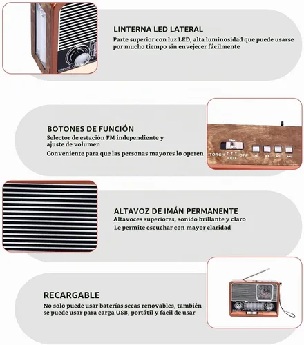Vista 5 de Radio vintage multifuncional AM FM SW banda reloj linterna retroaltavoz con linterna LED, función de reloj, aspecto vintage para el hogar viajes