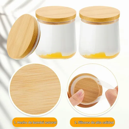Vista 2 de Juego de tapas para tarros de yogur Sawysine, reutilizables, de bambú y madera, redondas, con anillos de sellado de silicona, compatibles con tarros