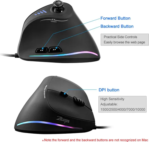 Vista 6 de Ratón ergonómico con cable con joystick, mouse vertical para gamer, 11 botones programables, 10000 DPI, mouse ajustable para juegos para PC, Mac