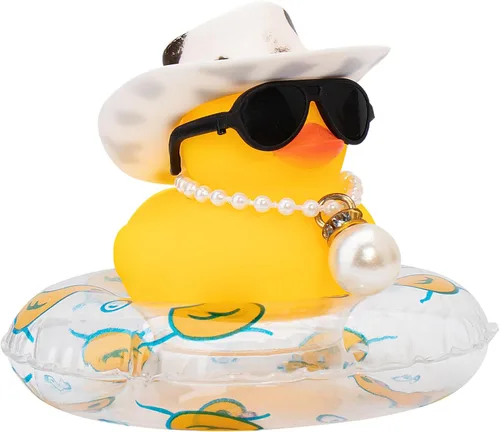 Vista 39 de wonuu Pato de goma para automóvil, decoración de pato amarillo con sombrero para el sol, anillo de natación, collar, gafas de sol para decoración
