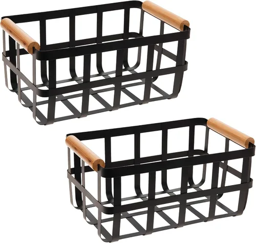 Vista 5 de Simplify Cesta de almacenamiento cuadrada de metal con asas de bambú Mediana Cesta de alambre estilo granja Organizador para el hogar Negro