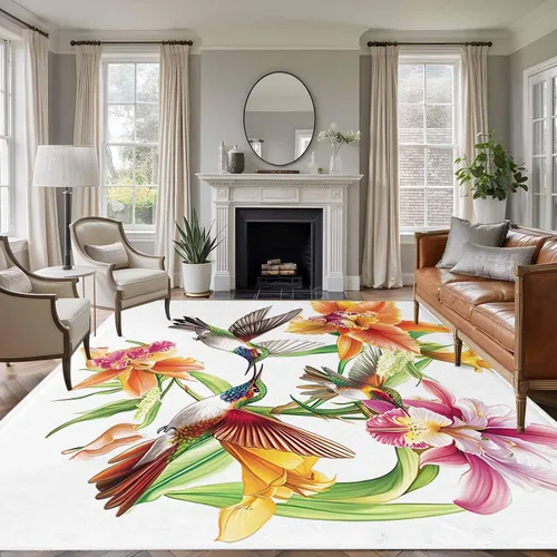 Vista 10 de Small Area Rugs 2x3 Ft, Orange Floral Non-Slip Area Rugs for Living Room Bedroom Entryway, Spring Kingfisher Watercolor Retro Art Washable Carpet