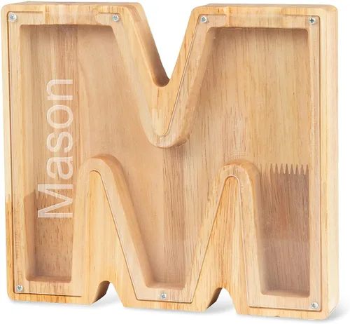 Vista 9 de Alcancía con nombre personalizado, 26 letras láser con texto personalizado, banco de monedas de madera, significado educativo, alcancía con nombre