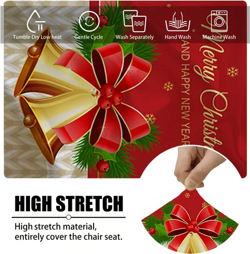 Vista 3 de XMNTG Juego de 6 fundas elásticas para sillas de comedor de Navidad, fundas para sillas Parsons, campanas de lazo, estampadas, extraíbles