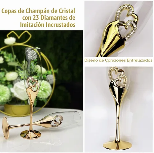 Vista 3 de Juego de 6 copas de champán de boda doradas con base de corazón doble y detalles de diamantes de imitación, vasos de tostado para pareja, novia