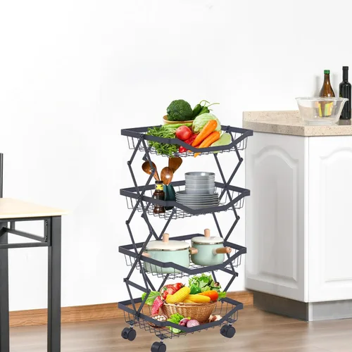 Vista 8 de Cesta de frutas de 4 niveles para cocina, apilable de alambre de metal, cesta de frutas y verduras con ruedas, carrito de utilidad con ruedas