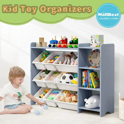 Vista 4 de MallBest Estante organizador de almacenamiento de juguetes para niños de 4 niveles, 100% madera maciza, armario de almacenamiento para niños con 9