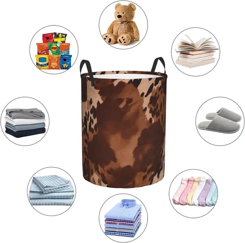 Vista 6 de brown cowhide art print Circular Hamper Waterproof Storage Bin Organizer Basket Laundry Hamper With Handles For Clothes Toys Small