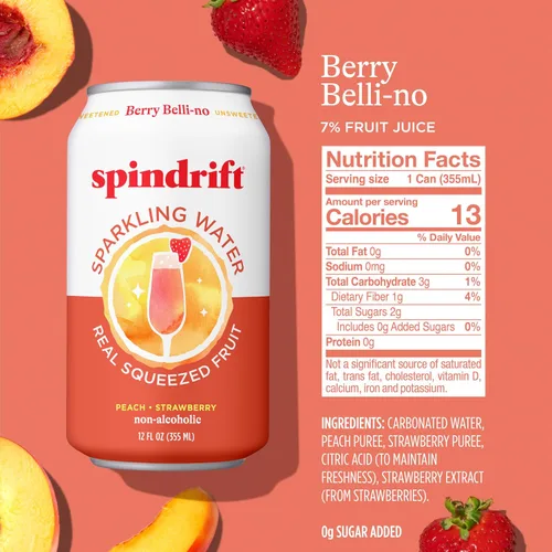 Vista 2 de Spindrift Agua con gas, sabor a bayas Belli, hecha con fruta exprimida real, latas de 12 onzas líquidas, paquete de 24 (solo 13 calorías por lata)