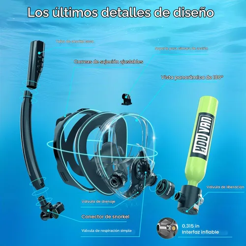 Vista 6 de Mini tanque de buceo con máscara de esnórquel 0.5L, tanque de buceo inflable con máscara de cara completa, botella de reserva Pony, tanque de aire