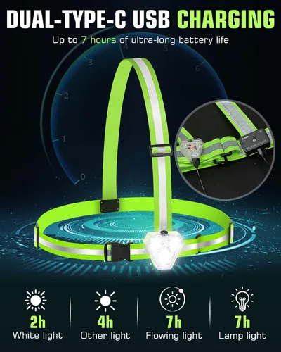 Vista 7 de Zacro Chaleco reflectante para correr con 9 modos RGB, luz de pecho de alta visibilidad de 500LM para corredores, equipo de correr recargable