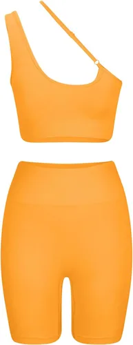 Vista 7 de Conjuntos de entrenamiento para mujer, sexy, de un hombro, con tirantes, brasier deportivo con pantalones cortos de cintura alta, leggings, trajes