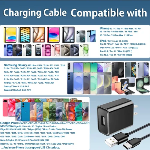 Vista 6 de Cargador de teléfono portátil USB A a C, cable de carga rápida compatible con iPhone 17 Pro Max 15 Plus 17 Air/iPad Pro 13 Air/Samsung Galaxy S25