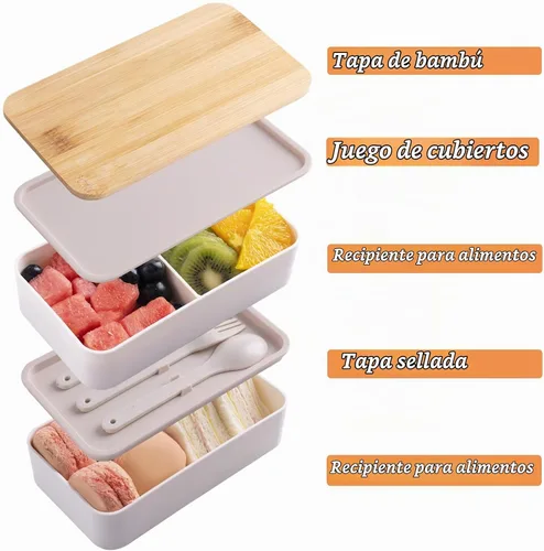 Vista 2 de Lonchera japonesa de bambú Bento con compartimentos y utensilios, apilable, incluye bolsa de almuerzo para preparación de comidas, color beige
