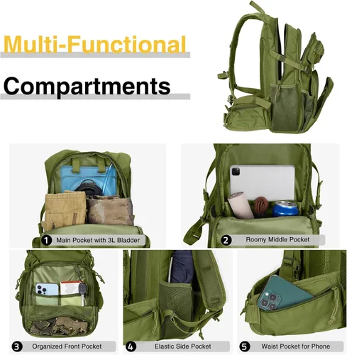 Vista 5 de CVLIFE Mochila táctica de hidratación con vejiga de agua de TPU de 3 L, mochila de senderismo de 22 L para hombres y mujeres, mochila de agua Molle
