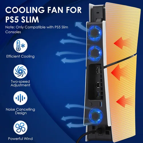 Vista 2 de Quiet Cooling Fan Station for PS5 Slim with Blue Light & USB 3.0 Hub, 2-Level Speed Cooling Stand Accessories for PS5 Console Slim,3 fans Digital