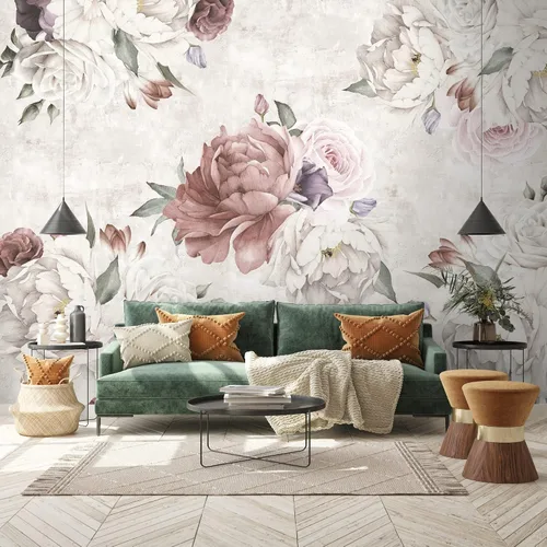 Vista 4 de Murwall Floral Walpaper Soft Peony Flower Wall Mural Purple Poppy Floral Wall Print Classical Home Decor Cafe Design