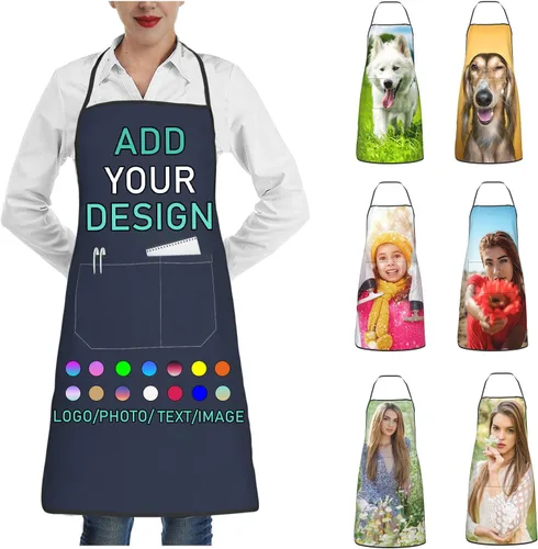 Vista 30 de Delantal personalizado con 2 bolsillos, personalizable con nombre, texto, logotipo, foto, cocina, horneado, delantal de cocina para mujeres y hombres