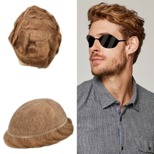 Vista 10 de Completo suizo encaje tupé para hombres pieza de pelo real sistema de reemplazo de cabello humano para hombres Toupee Hairpieces para hombres 7x9
