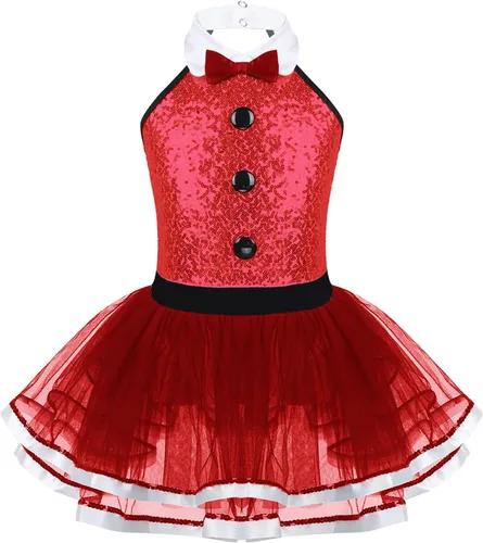 Vista 9 de Moily Leotardo de lentejuelas con cuello halter para niñas, faldas tutú, ballet, moderno, jazz, baile latino, vestido de escenario Negro&blanco