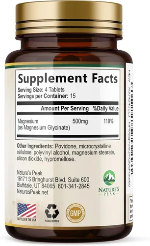 Vista 9 de Glicinato de magnesio 500 mg por porción - Suplemento de magnesio quelado para suplemento de alta absorción - Soporte para la salud muscular, huesos