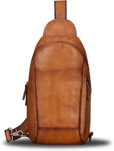 Vista 2 de Mochila bandolera de piel auténtica para hombre, mochila de senderismo, vintage, hecha a mano, con hombros en el pecho, mochila de riñonera