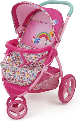 Vista 7 de Baby Alive: Cochecito de muñeca para correr - Verde, Rosa, Corazones - Accesorio para muñecas de hasta 24", Diseño plegable, Toldo retráctil