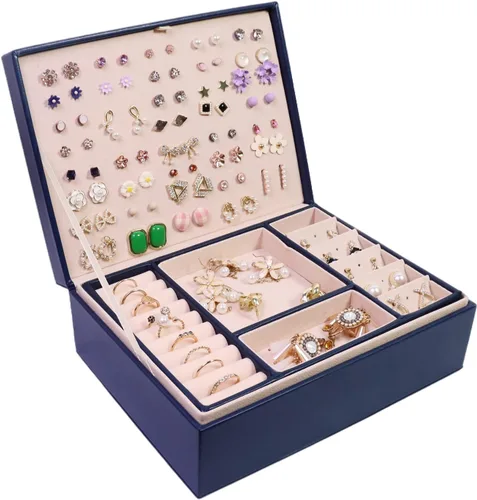 Vista 2 de Caja organizadora de joyas cajas de joyería grandes de piel sintética collares anillos aretes organizador de almacenamiento pantalla de doble capa