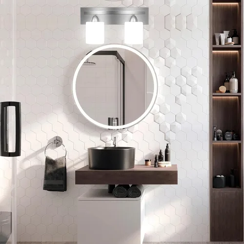 Vista 6 de PARTPHONER - Accesorio de iluminación para tocador de baño - Sobre espejo - Soporte de vidrio moderno - Níquel cepillado, base E26, 2 luces