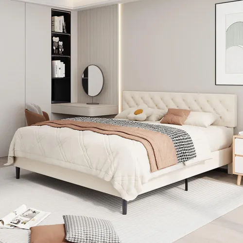 Vista 3 de BarnFurin Base de cama tamaño King, plataforma tapizada con cabecera capitoné con botones, marco de cama de tela con soporte de listones de madera