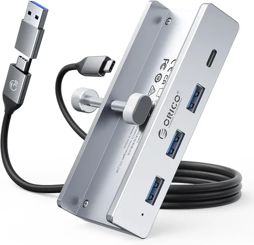 Vista 10 de ORICO Hub USB 3.0, Hub USB con Abrazadera con Puerto de Alimentación Extra, Adaptador USB de Aluminio de 4 Puertos con 3 Puertos de Datos USB-A