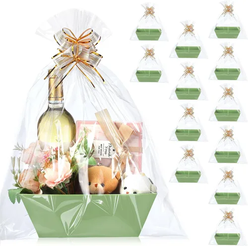 Vista 13 de Thenshop 44 Piezas Canasta para Regalos Canasta de Regalo Vacía a Granel Incluye 12 Bandejas de Cartón 12 Bolsas de Plástico y 20 Lazos Decorativos