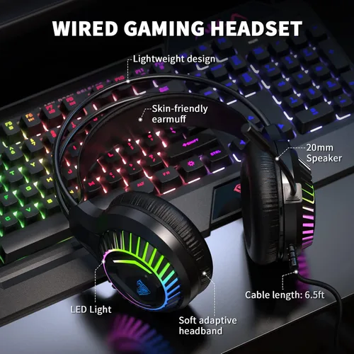 Vista 4 de AULA Combo de teclado para juegos, mouse y alfombrilla de ratón, paquete de teclado retroiluminado LED RGB, combo de teclado con cable USB