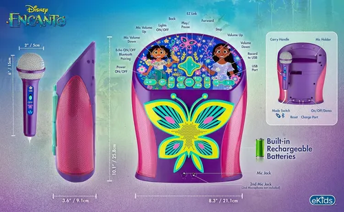 Vista 6 de eKids Disney Encanto - Máquina de karaoke con altavoz Bluetooth con micrófono para niños, con puerto USB para reproducir música, fácil acceso a