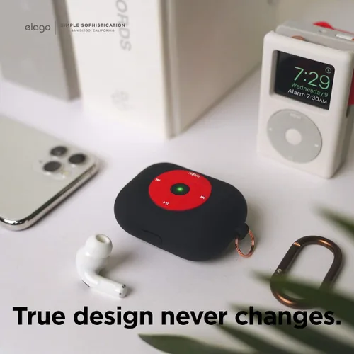 Vista 2 de elago AW6 - Funda compatible con AirPods Pro, diseño de reproductor de música clásica retro con llavero, silicona duradera, diseño clásico