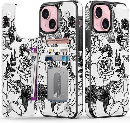 Vista 151 de FUNMIKO Funda tipo cartera para iPhone 15 con tarjetero + clip para efectivo, bloqueo RFID, protección contra caídas de grado militar y obras