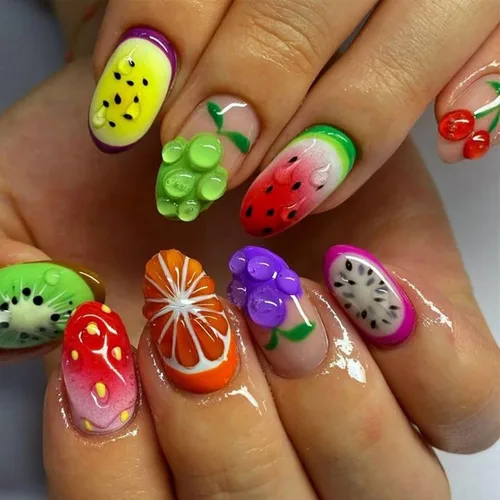 Vista 42 de Uñas postizas de almendra medianas MABKJLF con punta francesa, uñas falsas 3D con diseños de pedrería de flores de fresa, uñas pegajosas brillantes 1