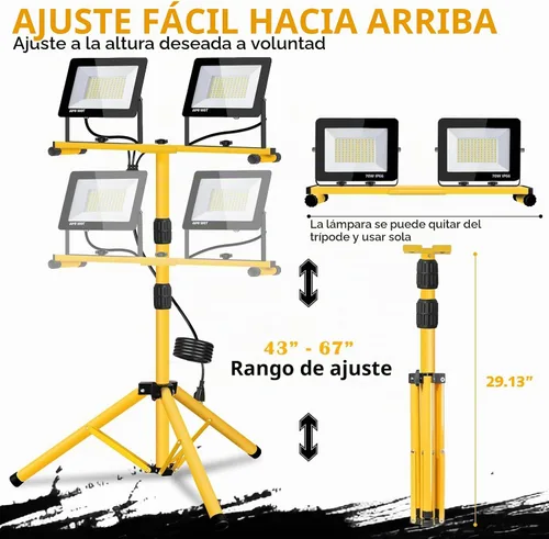 Vista 3 de Luces de trabajo con soporte, 21000 lúmenes, 2 cabezales ajustables, luces de trabajo LED, con soporte de trípode ajustable y plegable, lámpara
