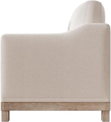 Vista 7 de Sillón moderno de lino/silla de acento/sofá individual con base de madera de goma para sala de estar, dormitorio, apartamento, oficina, color beige