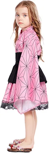 Vista 4 de Vestido de anime de Tanjiro Kamado Kimetsu No Yaiba - Disfraz de Tanjiro para niña, Nezuko Kamado para niñas, vestido de kimono Nezuko para niños