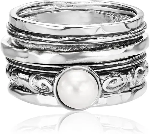 Vista 3 de 925 Sterling Silver14K Gold Plated Silver Spinner Ring Unisex, Bold Hammered BeadedFreshwater Pearl Floral Etched and Hammered, Oxidized