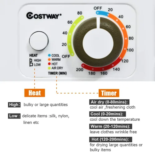 Vista 3 de COSTWAY - Secadora de ropa compacta, secadora eléctrica portátil de 110V con tambor de acero inoxidable, panel de control en la parte inferior