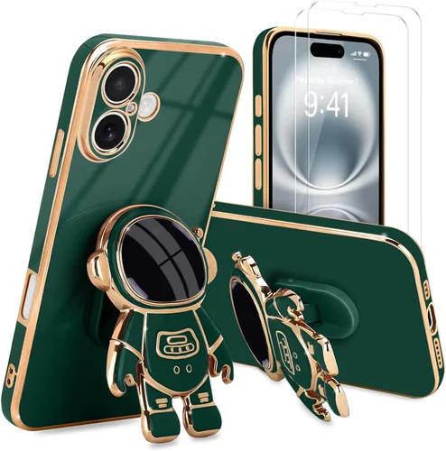 Vista 13 de Pepmune - Funda para iPhone 15 con soporte de astronauta 3D, color negro [2 Screen Protector], Luxury Electroplated Soft TPU Cover with Kickstand