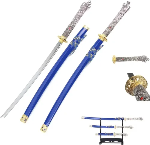 Vista 16 de Snake Eye Tactical Highlander Dragon Design Handle Samurai Katana - Juego de espada triple con soporte de espada
